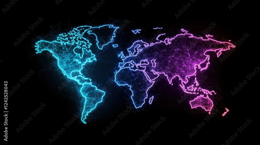 Poster global network bright and colorful representation of a world map with lines and points indicating gl