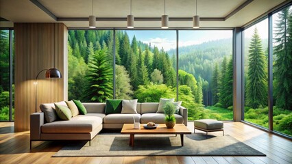 Fototapeta premium Minimalist Living Room with Serene Forest View - 3D Render of Tranquil Interior Design Featuring Natural Light and Open Space for Home Décor Inspiration