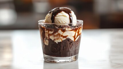 Chocolate brownie sundae with vanilla ice cream and chocolate sauce. Perfect for dessert menus, blogs, or articles about sweet treats.