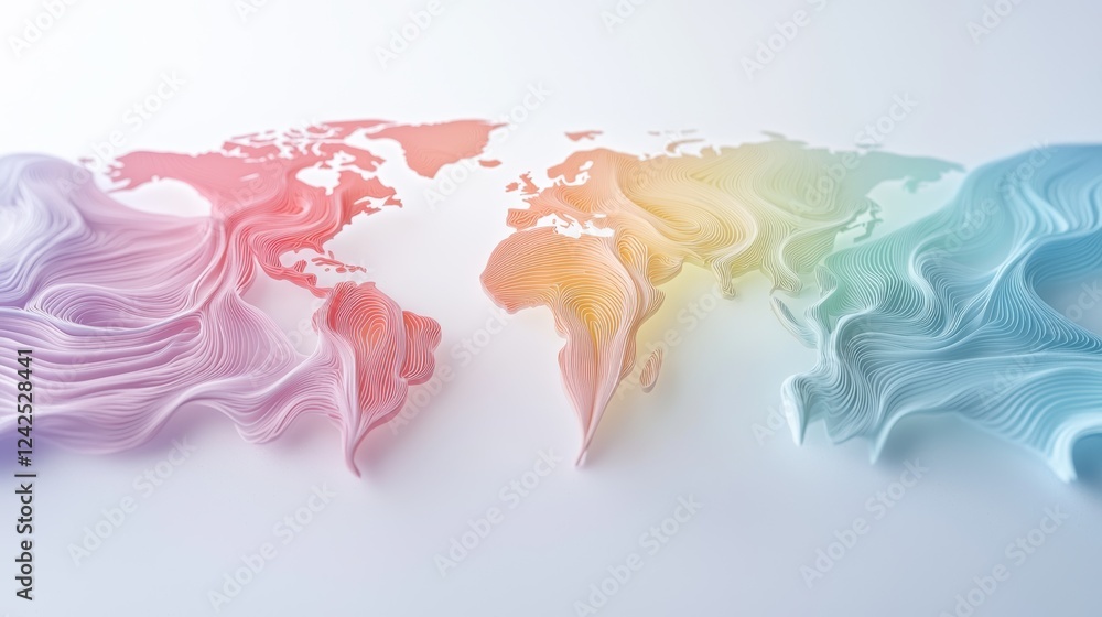 Poster global network digital rendering of a world map with colorful, flowing lines, indicating data transf