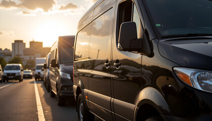 Line of Black Vans on City Street at Sunset