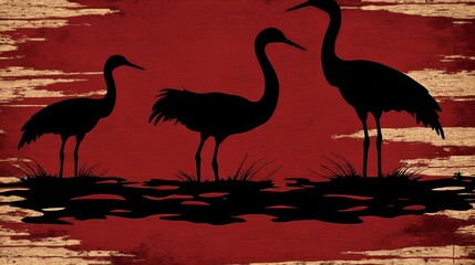 Fototapeta premium Red Landscape Silhouette of Three Elegant Cranes