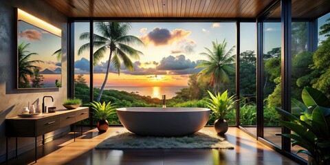 Fototapeta premium Modern Bathroom Silhouette with Freestanding Tub and Tropical View, Serene Oasis, Minimalist Design, Relaxing Retreat, Nature-Inspired Aesthetic, Spa-Like Atmosphere