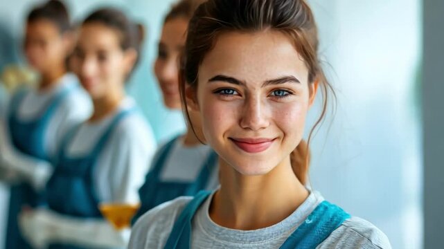 A professional cleaning team in modern blue uniforms, standing in a row with a confident and friendly expression. The focus is on a smiling young woman, representing efficiency and teamwork in the