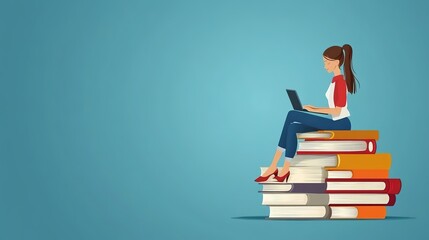  Girl Sitting on Pile of Books: Concept Illustration of Online Courses, Distance Studying, Self-Education, and Digital Library for E-Learning