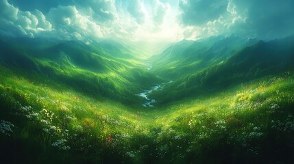 Fototapeta premium Sunlit Mountain Valley with Wildflowers and River