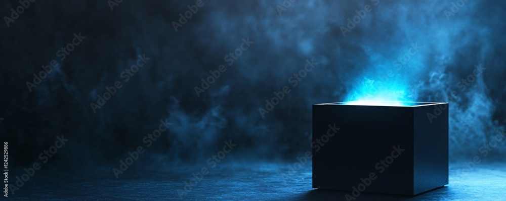 Aufkleber enigmatic black cube emitting a soft glow in the eerie fog, evoking a sense of mystery and fascinati