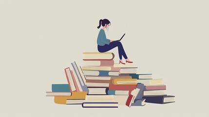  Girl Sitting on Pile of Books: Concept Illustration of Online Courses, Distance Studying, Self-Education, and Digital Library for E-Learning