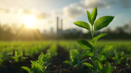 Obraz premium Green Sapling Growing in Field at Sunrise