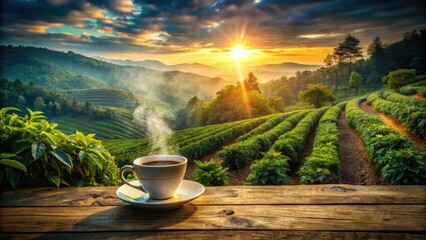 A dreamlike coffee cup sits on a weathered wooden table, amidst a surreal coffee plantation.