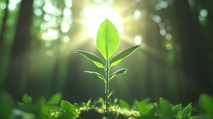 Green Sapling Illuminated by Sunlight in Forest