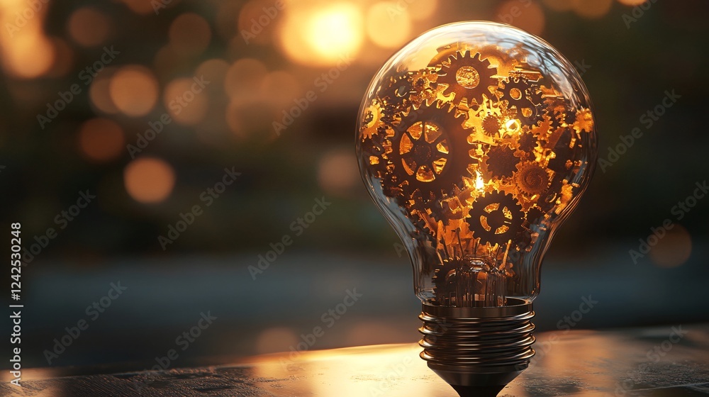 Aufkleber light bulb shines with shimmering gears as the sun sets