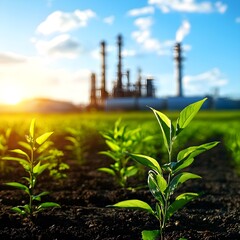 Green Saplings Growing in Front of Industrial Refinery at Sunset