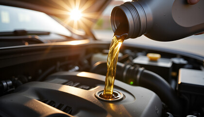 Car Maintenance, Pouring Motor Oil into Engine