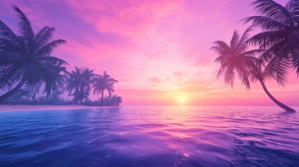 Fototapeta premium Vibrant Tropical and Exotic Sunset over a tropical lagoon with vibrant orange and purple hues reflecting on the calm waters.