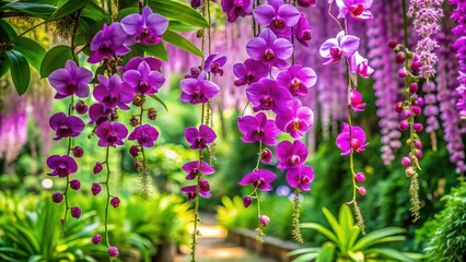 Panoramic View of Lush Purple Orchid Vines in a Serene Garden Setting with Vibrant Green Foliage and Soft Natural Lighting for Floral Enthusiasts and Garden Lovers