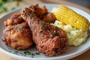 Crispy fried chicken, mashed potatoes, corn.  Delicious Southern comfort food