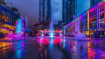 Fototapeta premium Neon light show in a city plaza
