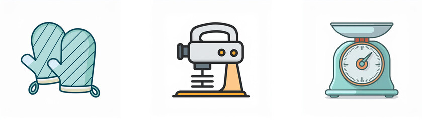 Pastel-colored kitchen icons: oven mitts, stand mixer, and kitchen scale. Perfect for baking or cooking.