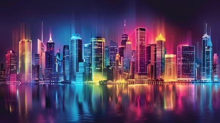 Fototapeta premium Neon-colored night cityscape with skyscrapers
