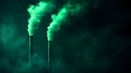 Green Smoke Billowing from Industrial Chimneys at Night