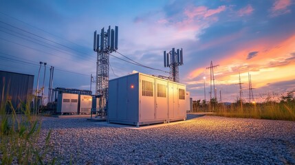 Hydrogen backup systems powering communications infrastructure during extreme weather, showcasing durability and sustainability
