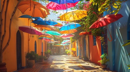 Fototapeta premium Vibrant umbrellas shading a sunlit street