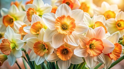 Naklejka premium Close-up of a breathtaking peach and white daffodil bouquet, showcasing vibrant spring blooms in high resolution.