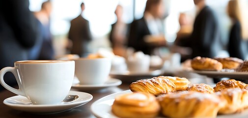 A networking coffee break at a corporate event, participants mingling with blurred focus on elegant pastries and coffee cups.