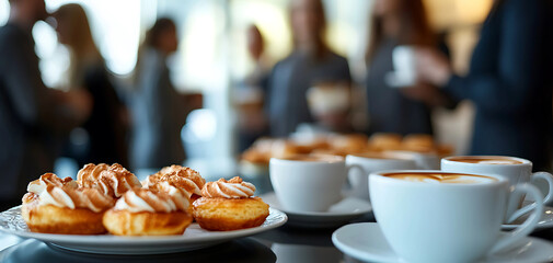 A networking coffee break at a corporate event, participants mingling with blurred focus on elegant pastries and coffee cups.
