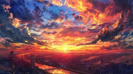 Obraz premium Vivid sunset with dramatic clouds over a city