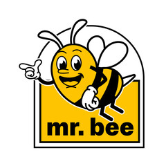 Obraz premium Bee sticker vector design in cool yellow color. Trendy cute smile patch.