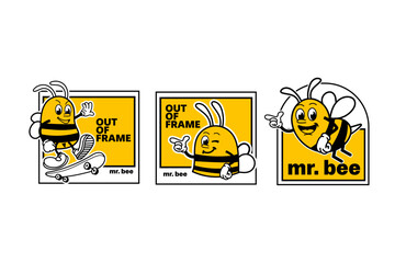 Set of Bee sticker vector design in cool yellow color. Trendy cute smile patch.