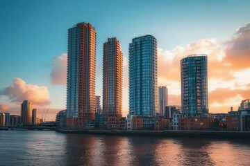 Stunning sunset cityscape with modern skyscrapers. Ideal for real estate, travel, and urban themes.