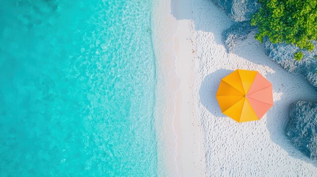 Colorful Tropical and Exotic Location Bright tropical beach with colorful umbrellas and crystal clear blue water, exuding a relaxing atmosphere.