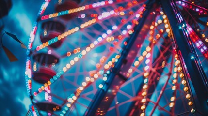 Brightly decorated Ferris wheel at night