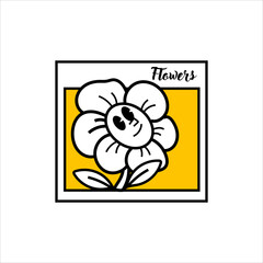 Flowers sticker vector design in cool yellow color. Trendy cute smile patch.