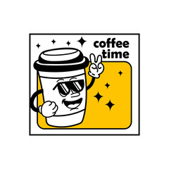 coffee sticker vector design in cool yellow color. Trendy cute smile patch.