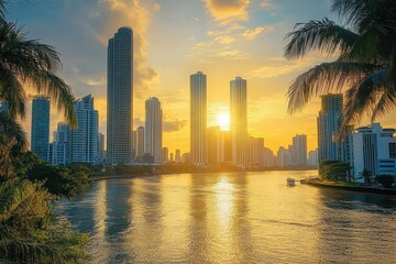 Obraz premium Stunning Miami sunset over skyscrapers and palm trees. Ideal for travel, real estate, or city lifestyle projects.