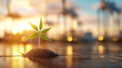 Fototapeta premium Green Sprout Growing at Sunrise with Industrial Background
