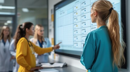 Obraz premium Medical professionals collaborating on hospital scheduling on a digital screen