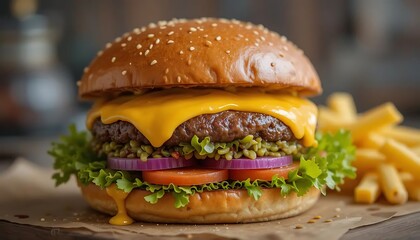 Cheesy burger with fries