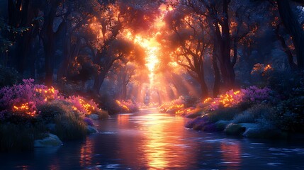Fototapeta premium Magical sunset forest river, fantasy landscape, artwork