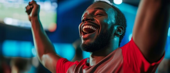 Joyful male celebrating winning a sports wager on a gaming platform app
