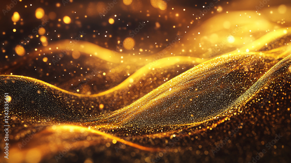 Poster an abstract background features golden waves adorned with glittering particles.