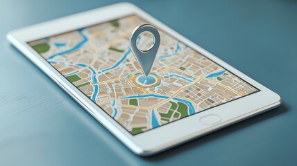 A digital map on a tablet shows a location marker, illustrating navigation and geographic exploration.