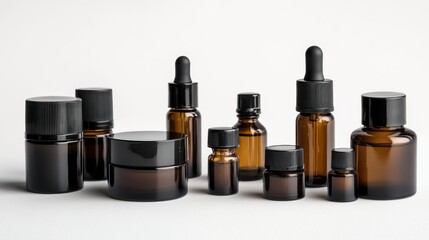 Collection of Amber Glass Bottles and Jars for Skincare Products