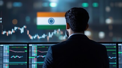 A business professional monitors stock market trends with the Indian flag in the background, symbolizing economic growth and investment opportunities in India.