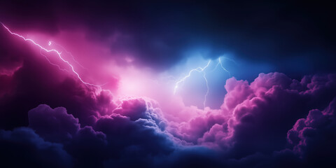 Lightning storm in purple and blue clouds. Weather and atmosphere background