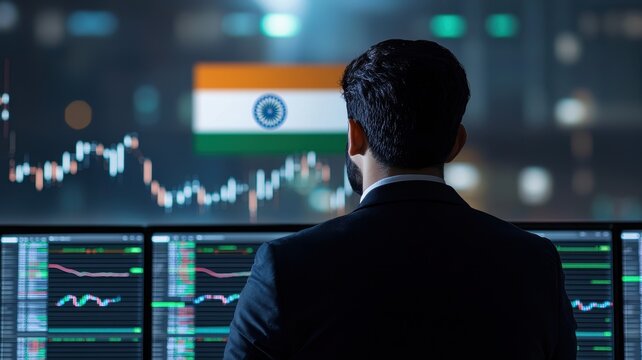 A business professional monitors stock market trends with the Indian flag in the background, symbolizing economic growth and investment opportunities in India. - Powered by Adobe